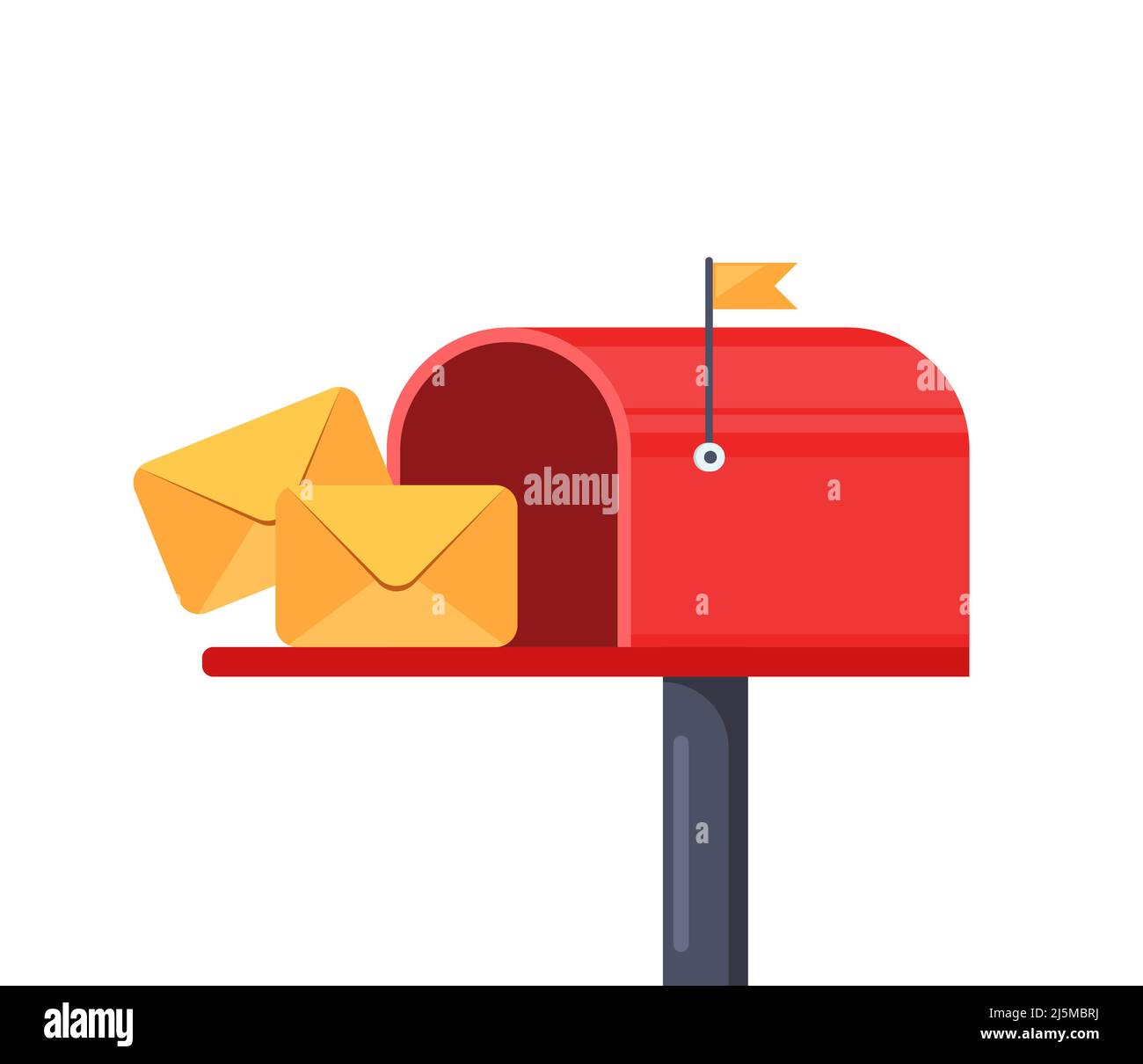 Mailbox con bandiera in rilievo, con sportello aperto e lettere all'interno. Contenitore per posta rosso con busta, isolato su sfondo bianco. Illustrazione vettoriale Illustrazione Vettoriale