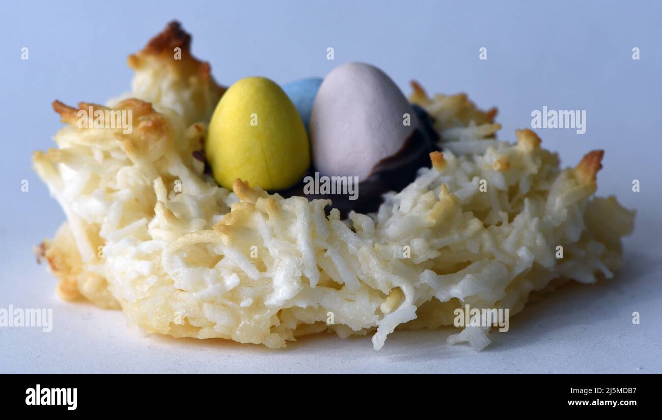 Un macaroon di cocco alla vaniglia a forma di nido d'uccello e riempito con cioccolato e caramelle uova di cioccolato rivestite. Foto Stock