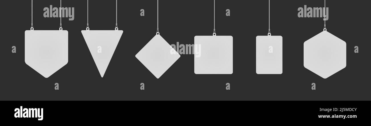 Set di svincolatori triangolari, diamantati, rettangolari ed esagonali appesi al soffitto in un mockup realistico. Mock up di pubblicità di promozione puntatore per superma Illustrazione Vettoriale