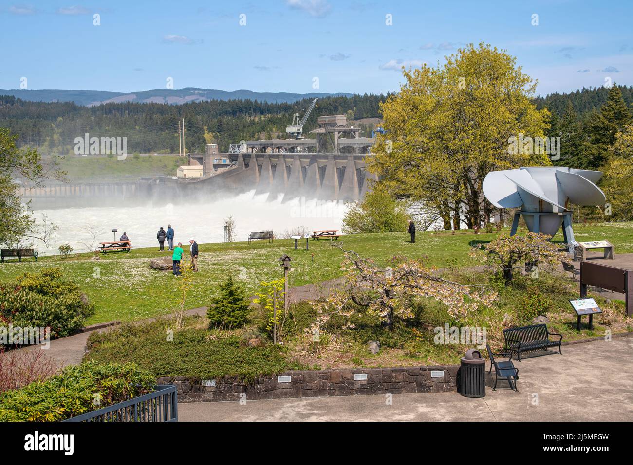 Bonneville Dam liberare l'acqua alle porte della diga Stato dell'Oregon. Foto Stock
