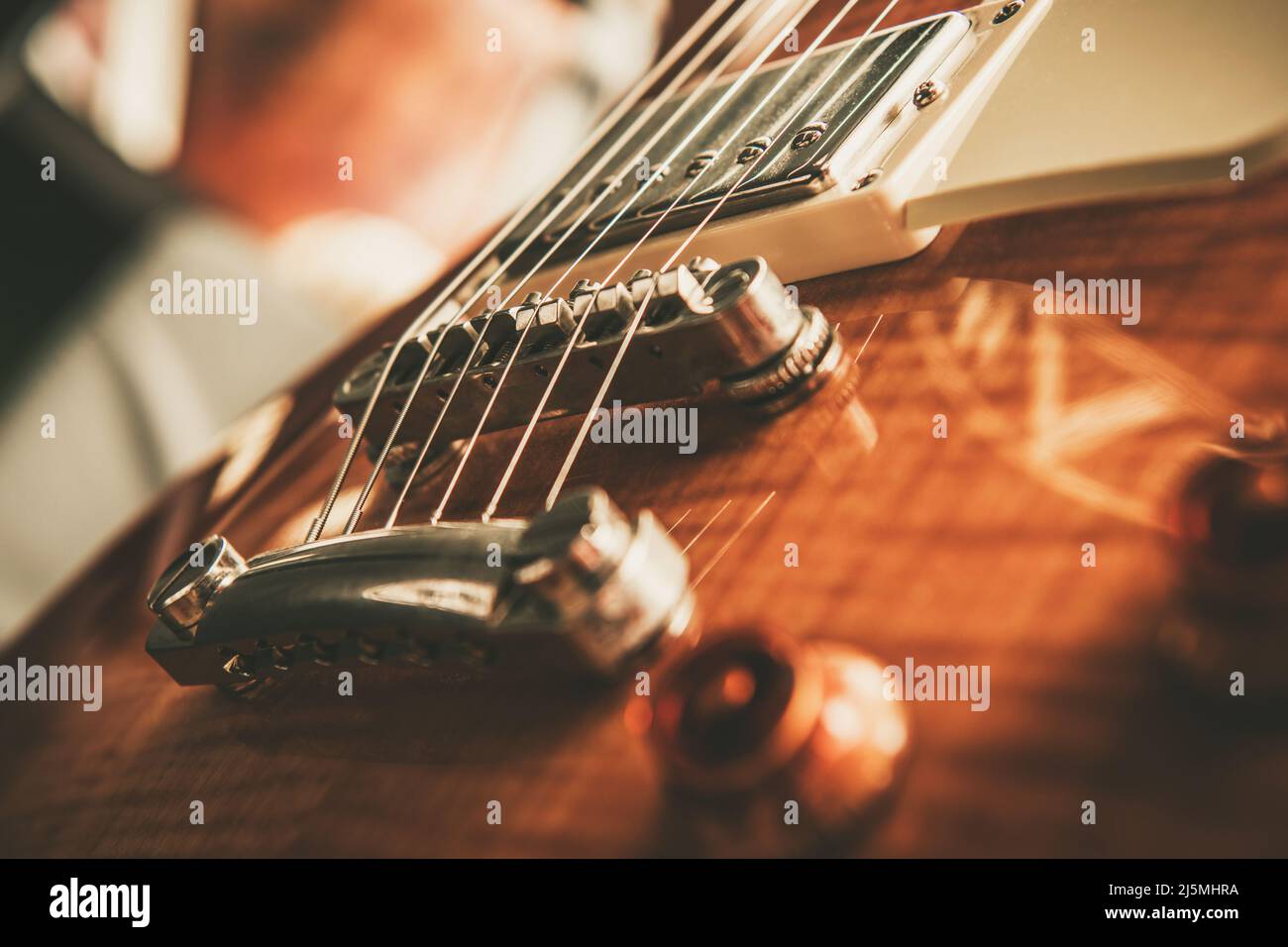 Tema industria musicale. Elegante Exotic Wood Made Electric Guitar Close Up Foto Stock