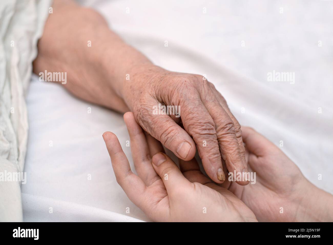 Le mani del nipote tengono la mano rugosa di una nonna anziana malata in una clinica medica. Il concetto di amore e cura. Movimento lento. Foto Stock