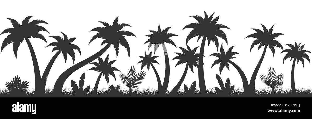 Palma albero tropico pianta nero senza cuciture sfondo. Silhouette tropicale giungla texture foresta subtropicale. Pattern Travel Company profile design cartolina cover magazine stampa tessuto carta parati isola Illustrazione Vettoriale