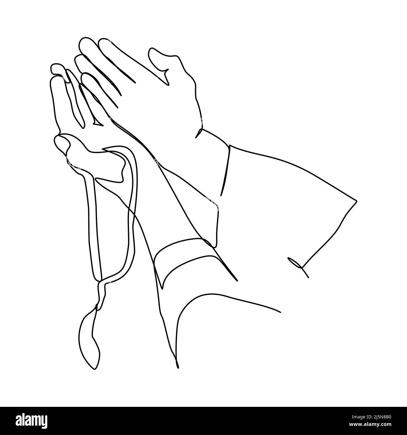 Mani in preghiera linea linea disegno continuo. Aprire i palmi insieme semplice illustrazione vettoriale del disegno a linee. Disegno di stile disegnato a mano per tema religioso. Illustrazione Vettoriale
