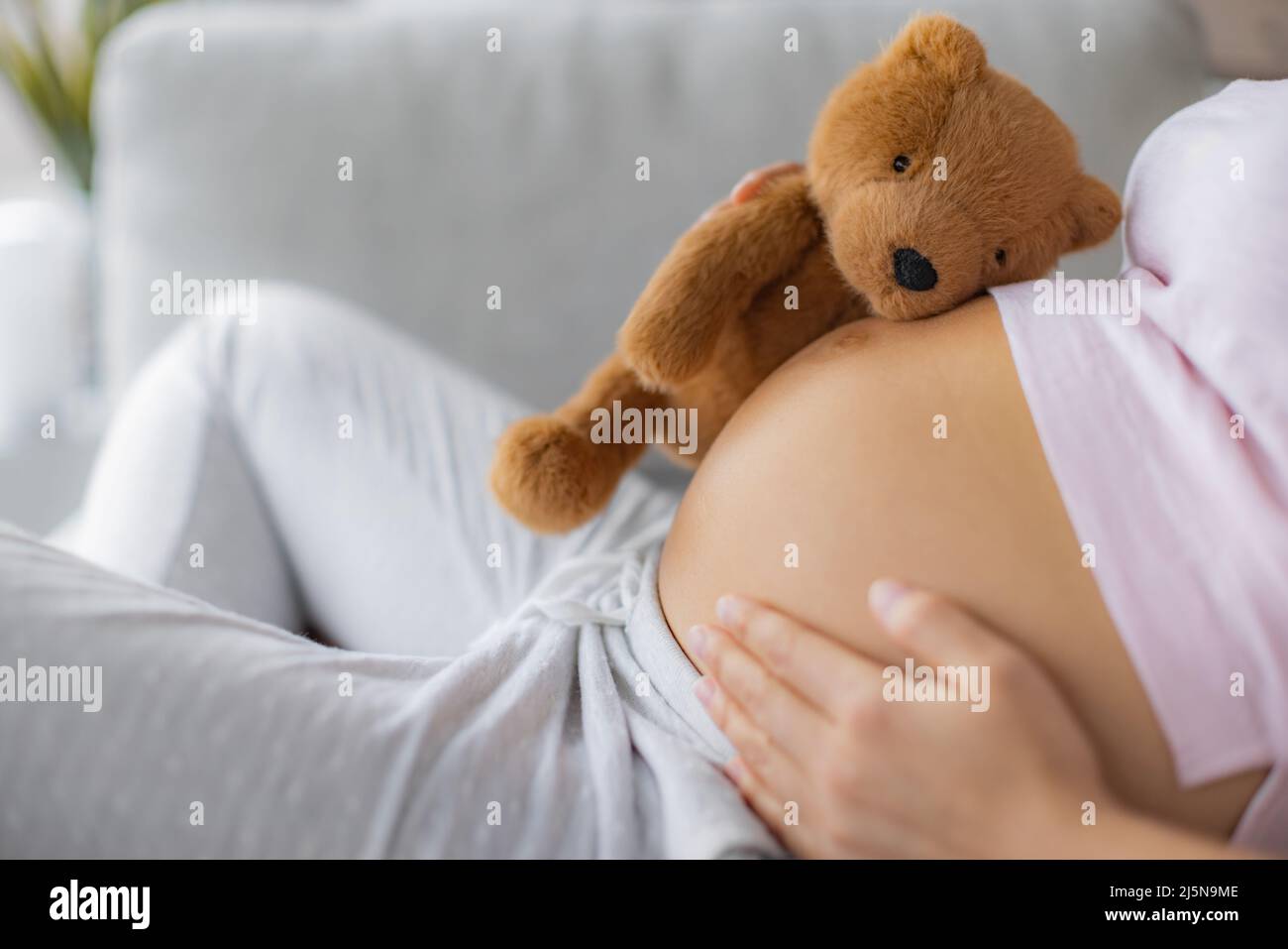 Donna incinta carezzando il ventre abbracciando orsacchiotto giocattolo bambino su pump gravidanza in attesa della nascita del suo bambino Foto Stock