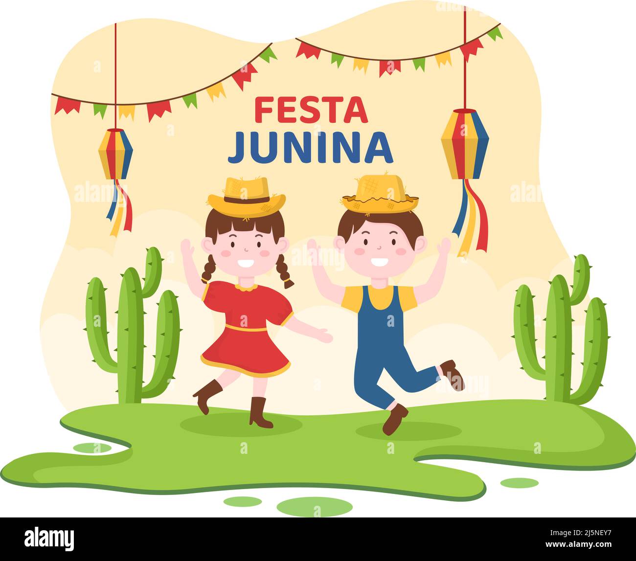 Festa Junina o Sao Joao Celebration Cartoon Illustrazione resa molto vivace da Singing, Dancing Samba e giocando Giochi tradizionali vengono dal Brasile Illustrazione Vettoriale