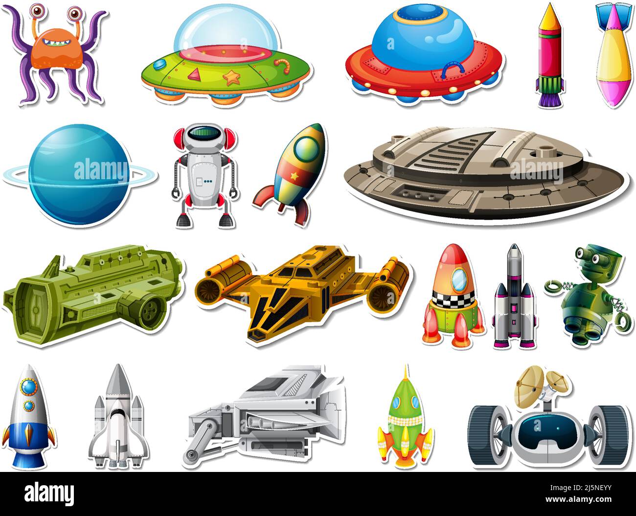 Set di adesivi per gli oggetti dello spazio esterno e illustrazione degli astronauti Illustrazione Vettoriale