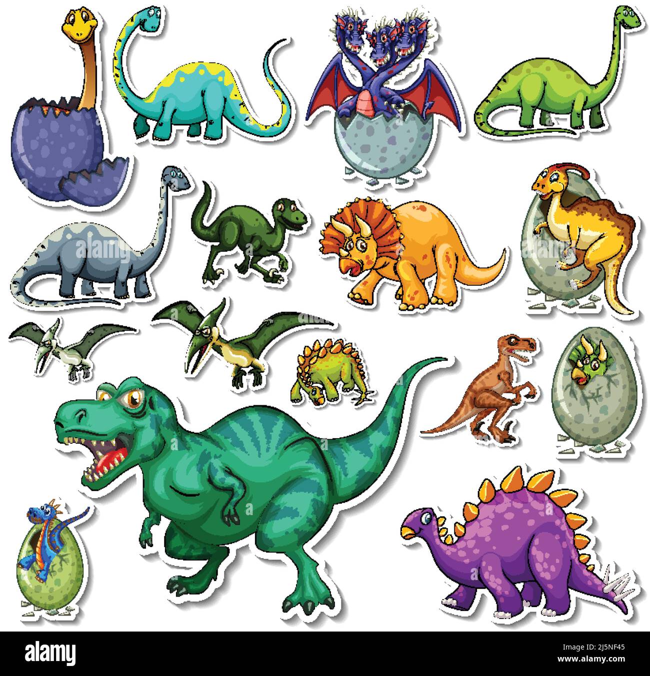 Set di adesivi di diversi dinosauri cartoni animati Illustrazione Vettoriale