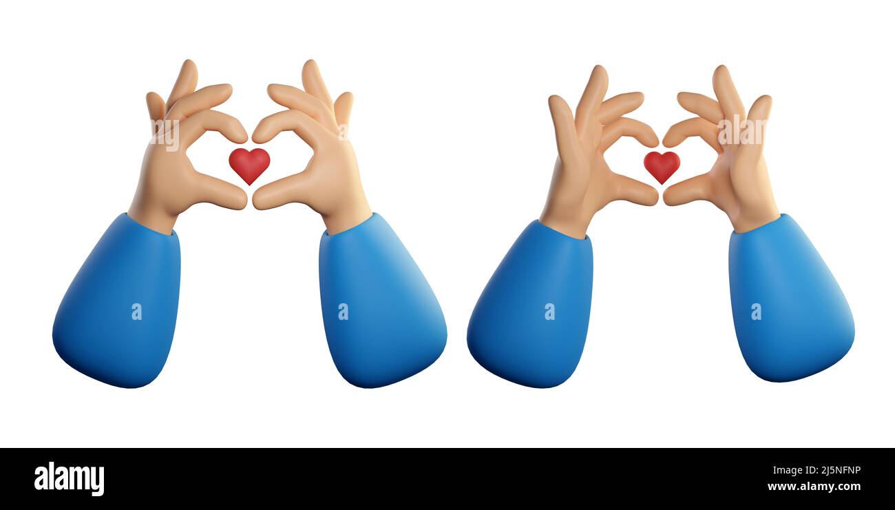 Mano umana che tiene il cuore volante. Set mani antiappannamento a due lati. Fare il simbolo del cuore con il gesto delle dita. Rendering realistico di alta qualità 3D isolato su sfondo bianco. Foto Stock