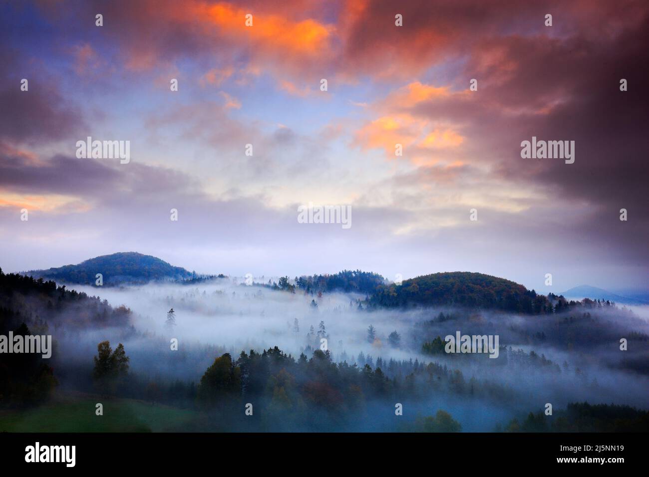 Mattina nebbia con belle nuvole arancioni. Fredda mattina nebbiosa in una valle autunnale del parco della Svizzera boema. Colline con nebbia, paesaggio di ceco Foto Stock