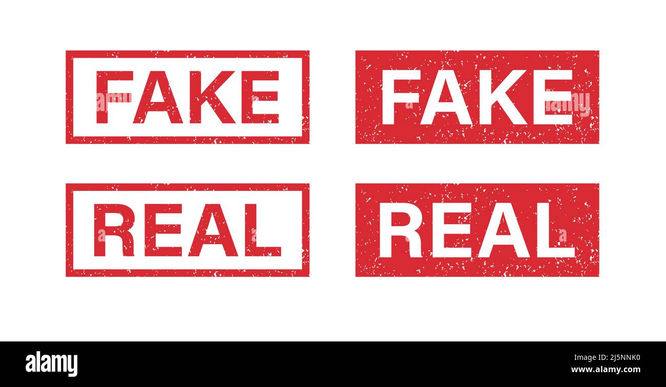 Timbro in gomma per supporti e documenti falso e vero grunge. Adesivo con segno falso e reale. Simbolo di verità e menzogne. Grunge rosso vintage etichetta quadrata Illustrazione Vettoriale