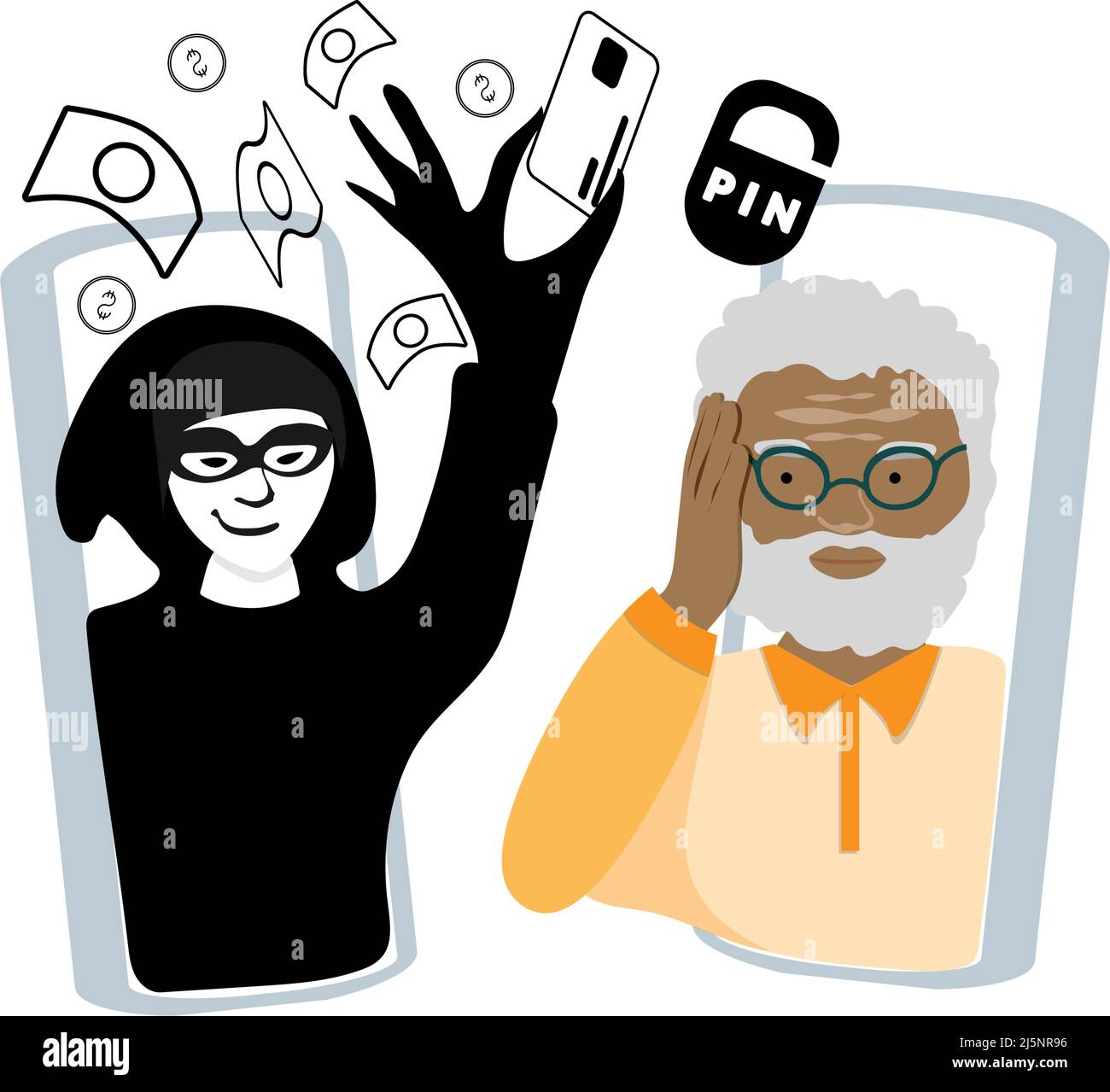 Il concetto di cibercriminalità. L'uomo mascherato apprende la password della carta bancaria tramite lo schermo dello smartphone. Furto di denaro e frode, criminalità nel mondo digitale. Avvertenza Illustrazione Vettoriale