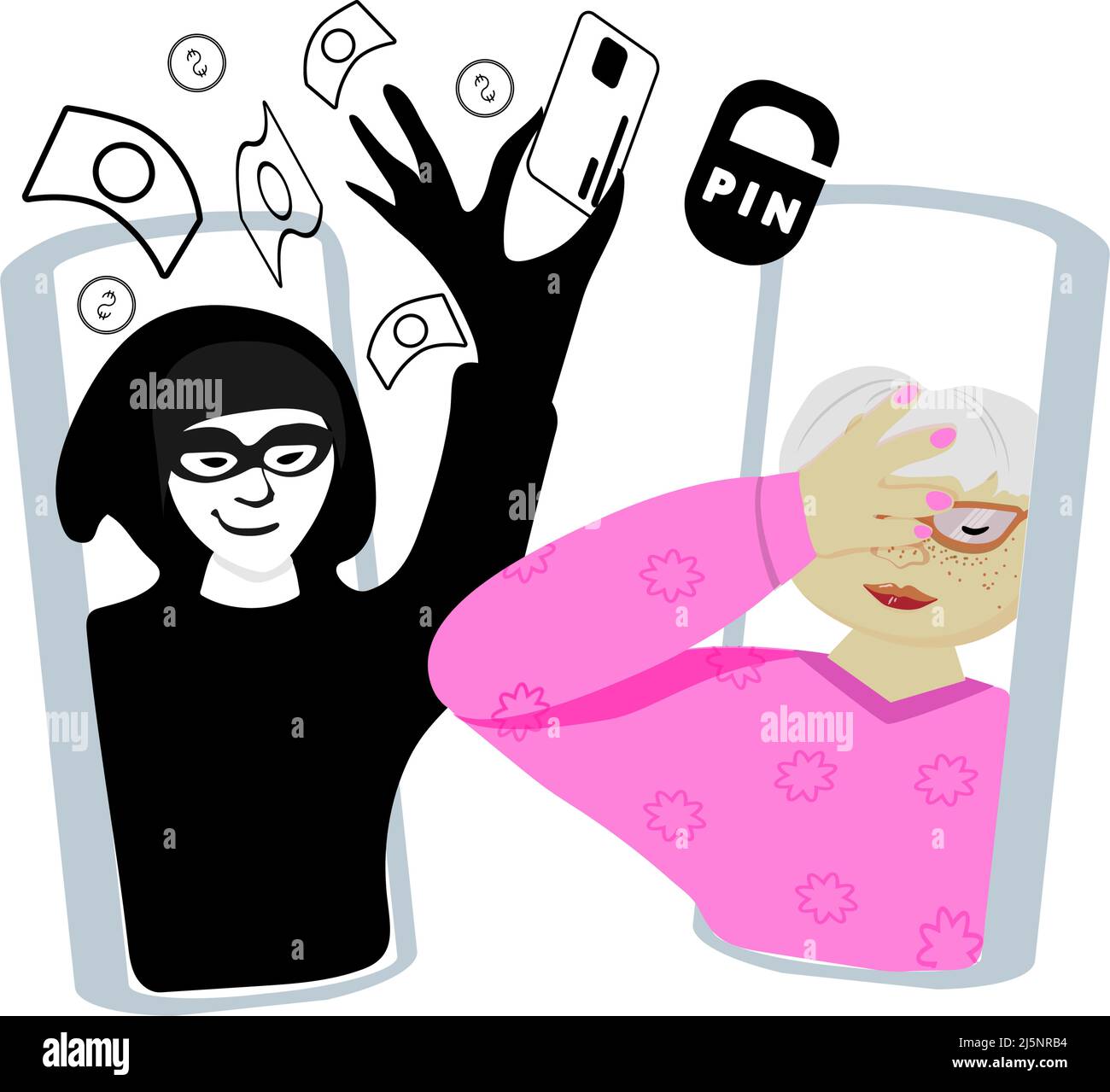 Il concetto di cibercriminalità. Un uomo mascherato apprende una password della carta di credito da una donna anziana. Furto di denaro e frode, criminalità in un mondo digitale. Avvertenza AN Illustrazione Vettoriale