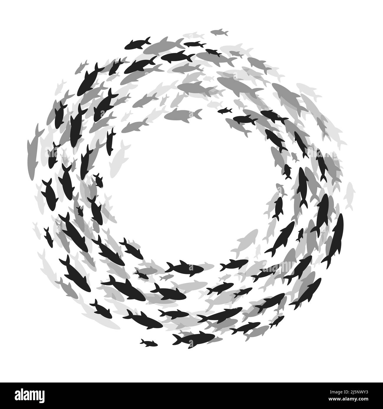 Sagome scuola di pesce con vita marina di varie dimensioni pesci nuoto piatto stile disegno vettoriale illustrazione. Colonia di grandi e piccoli animali marini. Illustrazione Vettoriale