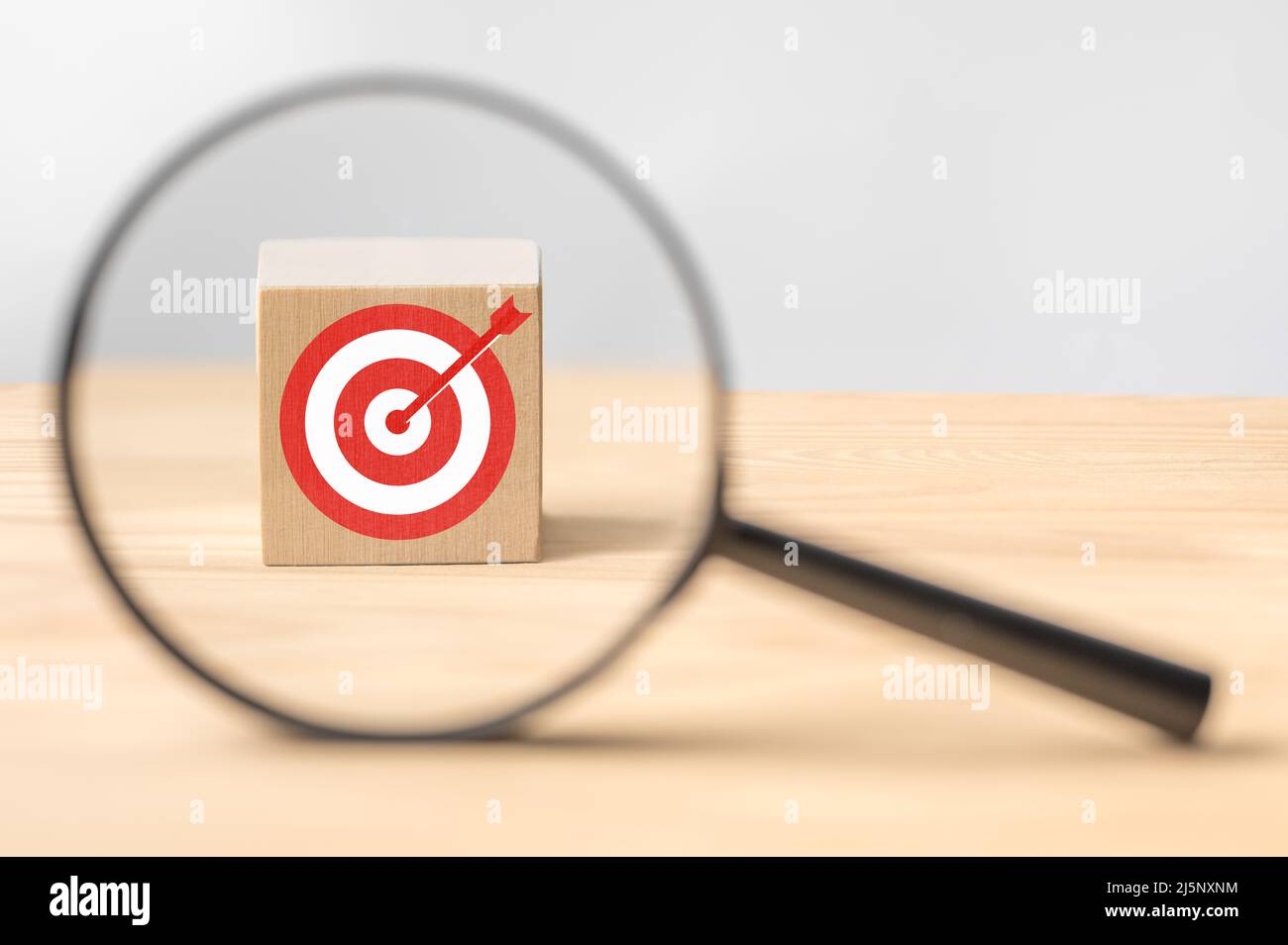 Target board all'interno della lente di ingrandimento per focalizzare l'obiettivo aziendale su sfondo bianco e spazio di copia. Ricerca e analisi dei target. Mano con magn Foto Stock