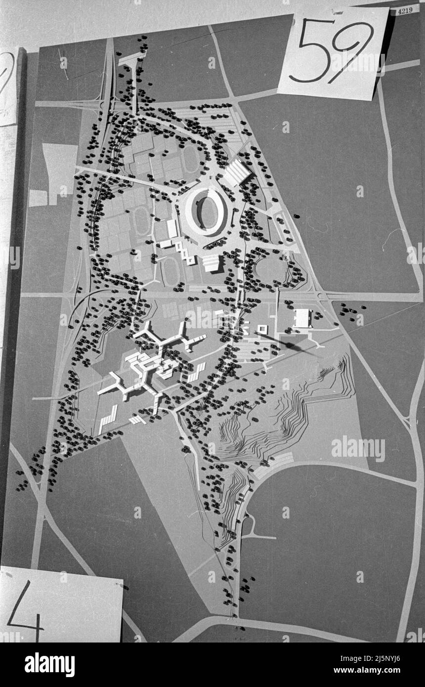 Incontro e conferenza stampa della giuria per la decisione sul concorso architettonico per gli edifici olimpici di Monaco nel padiglione 1 del Parco Espositivo: Piano della partecipazione al concorso n° 59. [traduzione automatizzata] Foto Stock