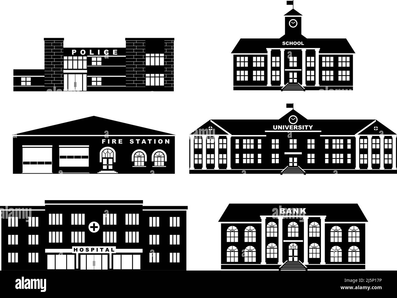 Illustrazione della silhouette diverse varianti di edificio in stile piatto. Stazione dei vigili del fuoco, reparto di polizia, scuola, università, banca e ospedale. Illustrazione Vettoriale