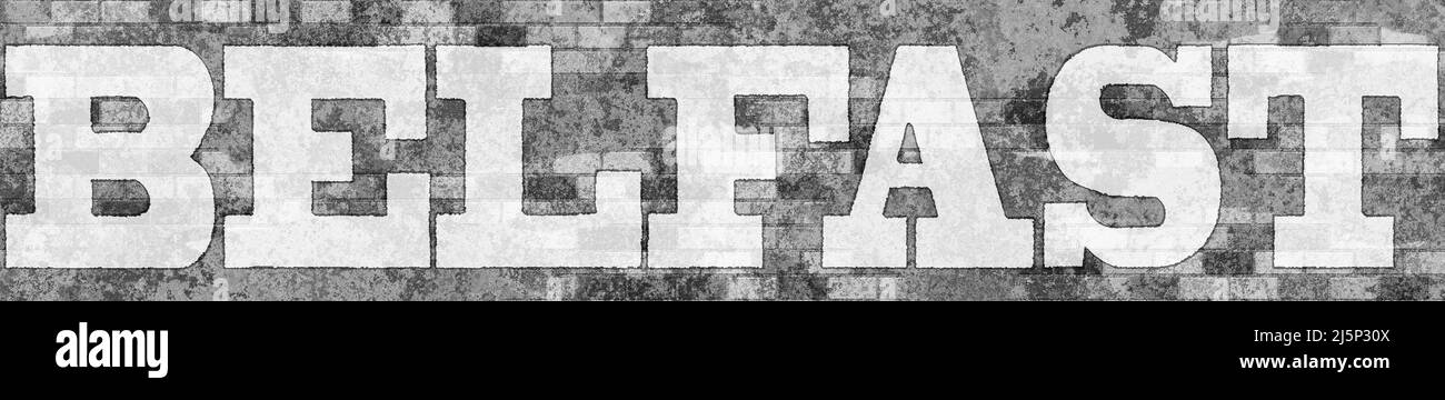 Scritta bianca su un muro di mattoni grigi con il nome della città DI BELFAST Foto Stock