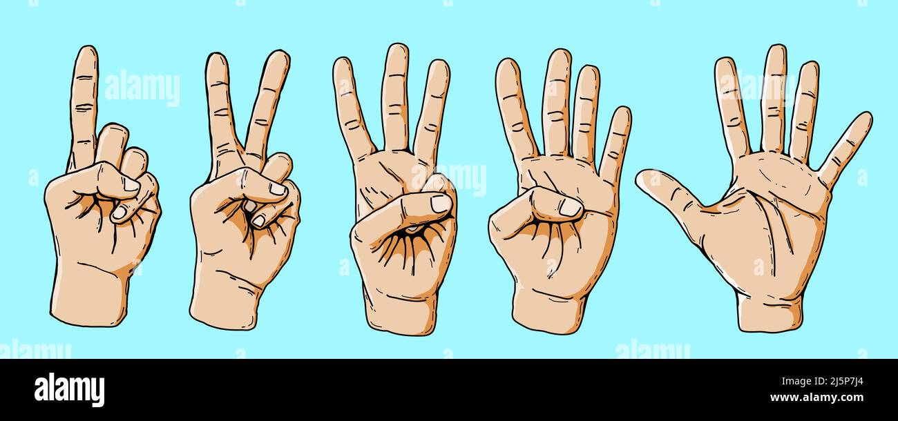 set vettoriale postura delle dita di conteggio 1-2-3-4-5 isolato su sfondo blu, stile disegno cartoon. linguaggio del corpo gesto , linguaggio del dito, s Illustrazione Vettoriale