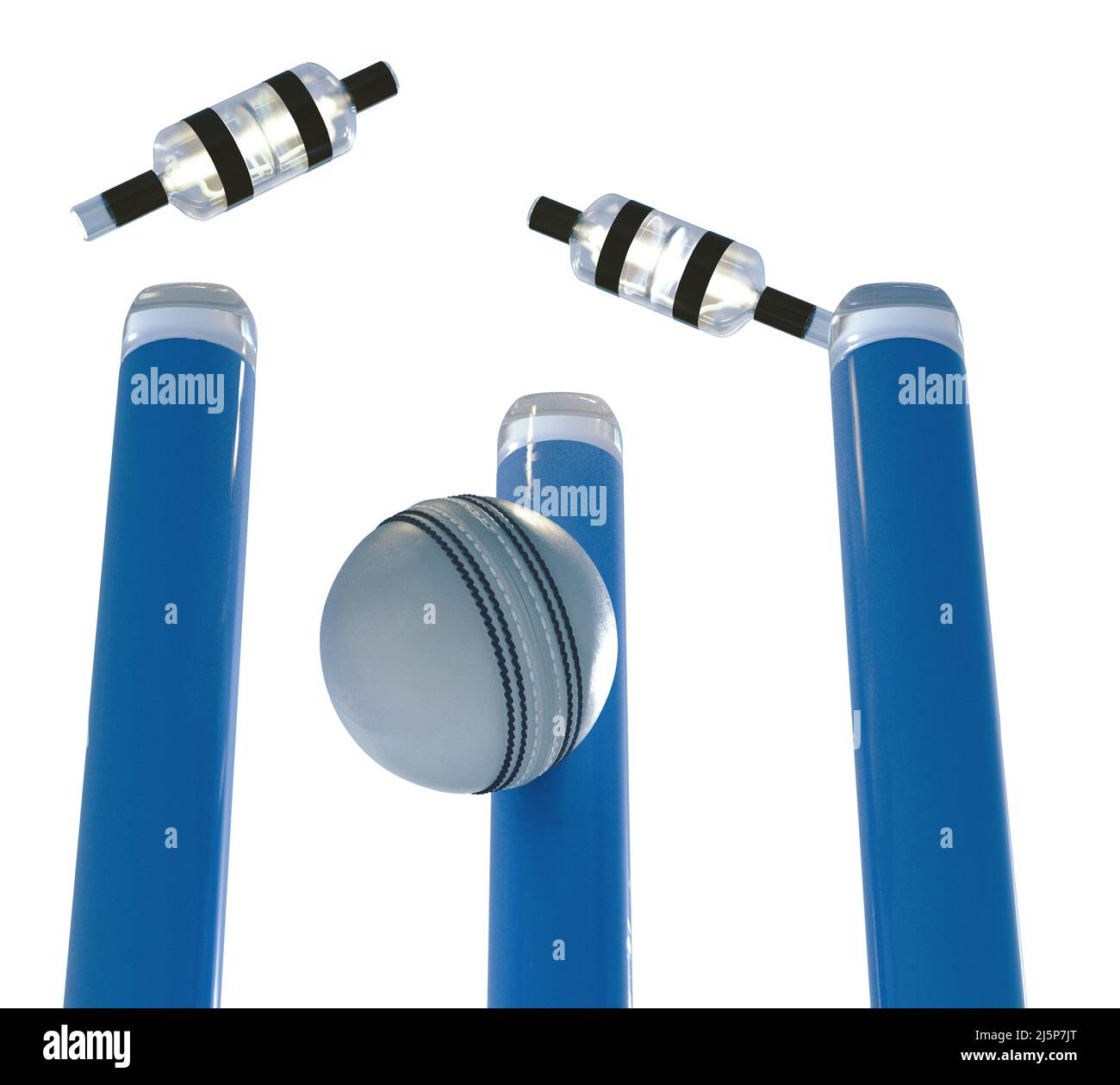 Cricket elettronico blu wickets con spaghettini e luci LED illuminanti su uno sfondo bianco isolato - 3D rendering Foto Stock
