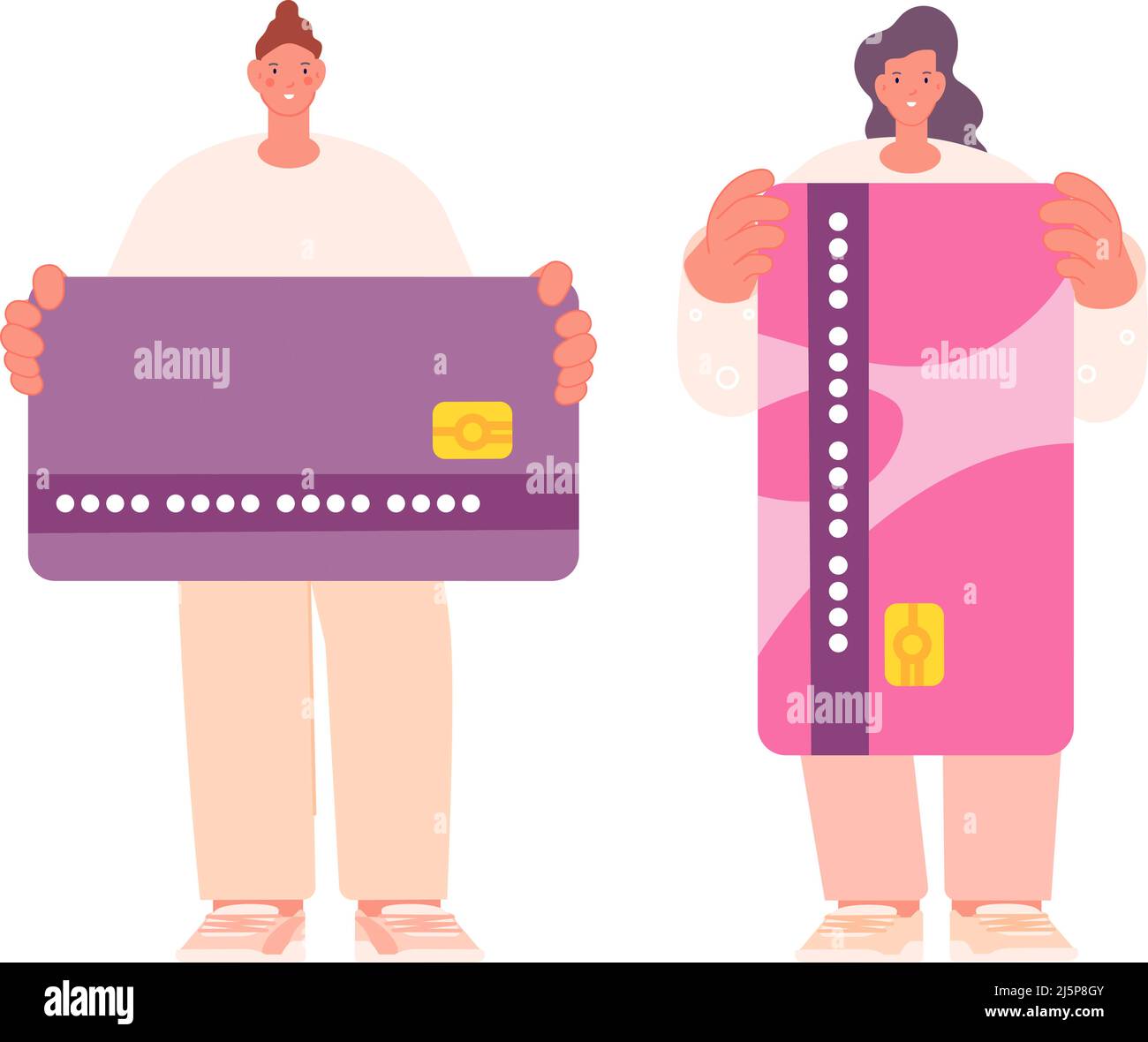 Utilizzare la carta bancaria. Persone in possesso di carte di credito o debito. Cartoon flat uomo donna pagare, contactless pagamenti. Caratteri vettoriali finanziari Illustrazione Vettoriale