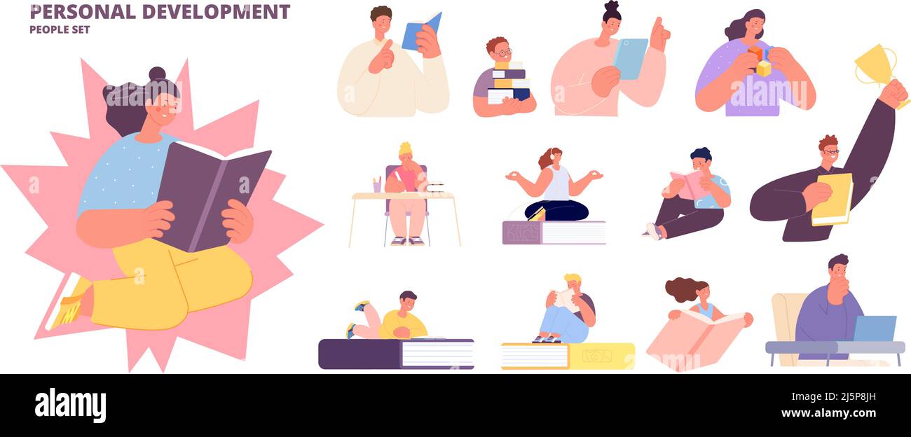 Personaggi di sviluppo personale. Autoeducazione e sviluppo con libri e computer. Lettura adulti e bambini. La persona tiene la tazza d'oro ed il libro Illustrazione Vettoriale