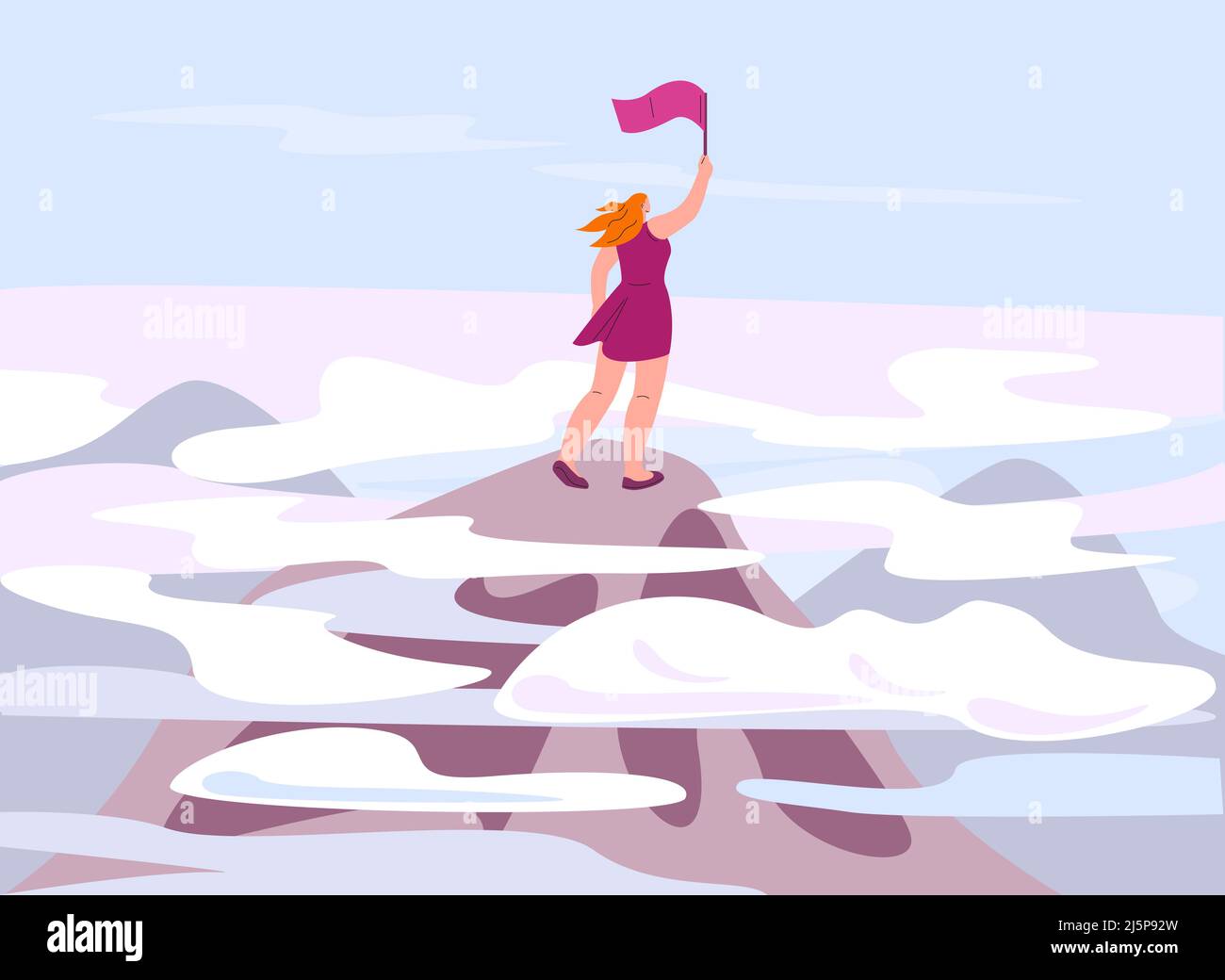 Umano su roccia. Montagna climbing scena, donna su picco su nuvole con bandiera. Business leadership successo, kicky businesswoman vittoria scena vettoriale Illustrazione Vettoriale