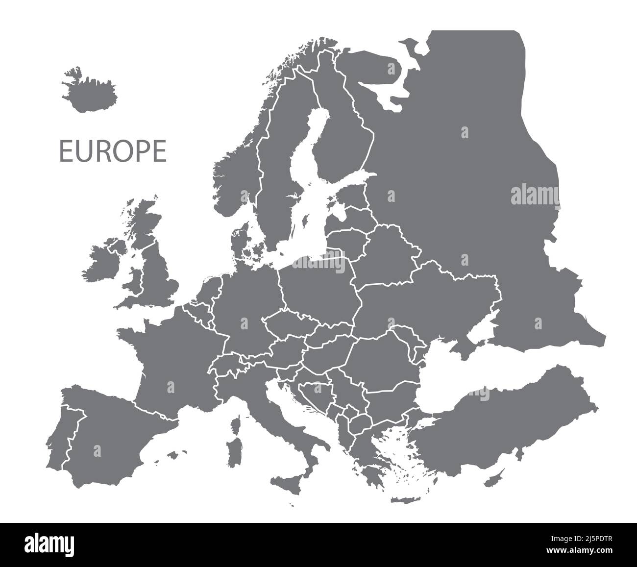 Mappa moderna - Europa con stati aggiornati e confini dal 2022 con la Russia in grigio Illustrazione Vettoriale
