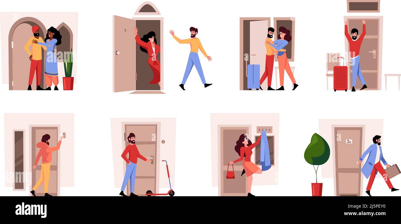 Lasciare i caratteri. Persone uscita al coperto persone riunione persone bambini andare in vacanza casa porta Garish vettore illustrazioni set in stile colorato Illustrazione Vettoriale