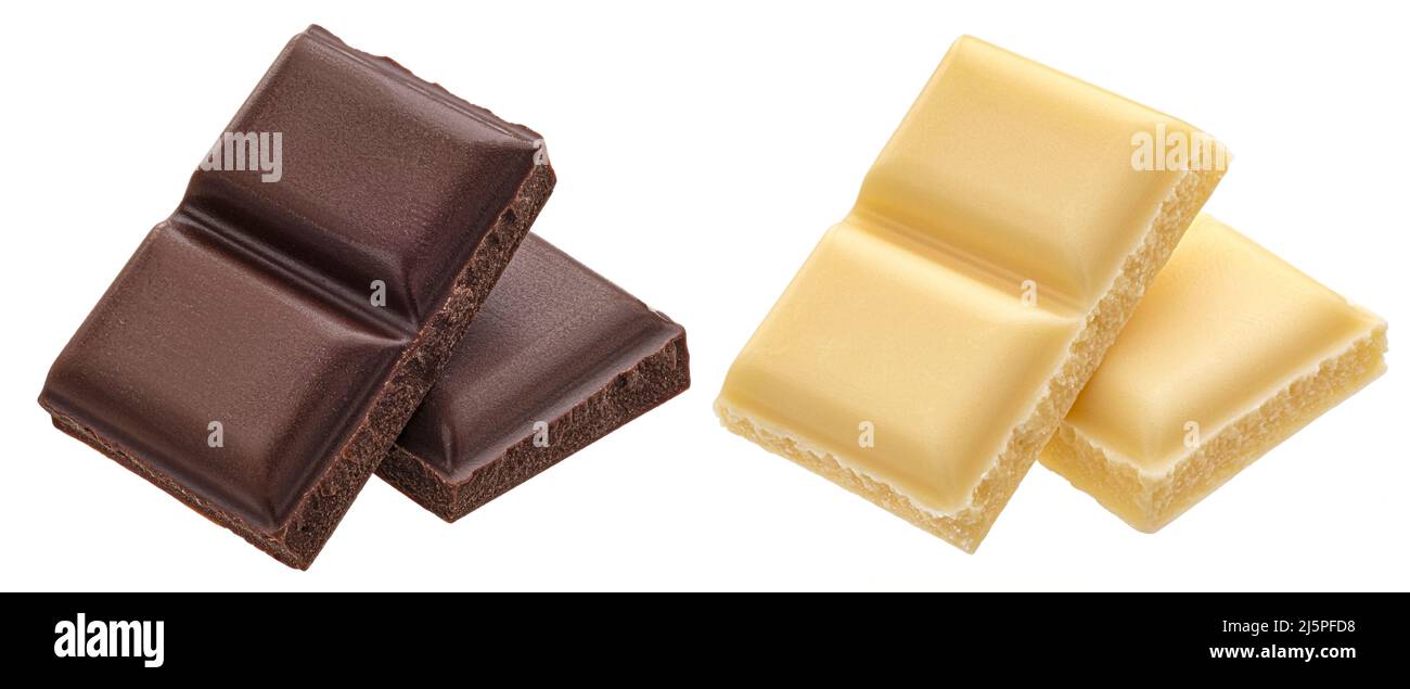 Pezzi di cioccolato al latte scuro e bianco isolati, profondità di campo piena Foto Stock Pezzi di cioccolato al latte scuro e bianco isolati, profondità di campo piena Foto Stock