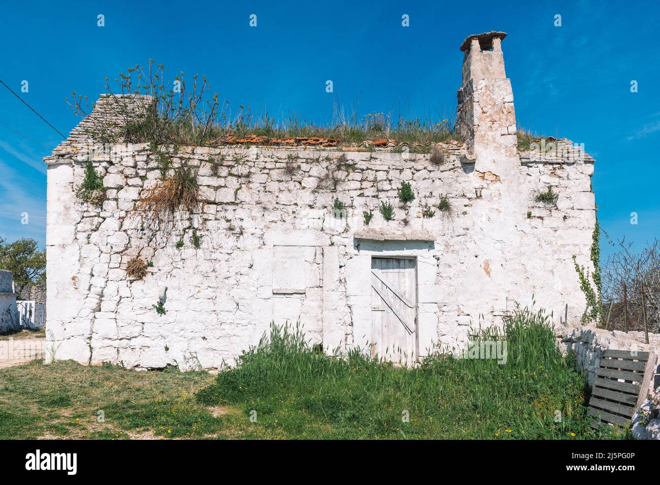 Antica fattoria bianca, finca o cottage in campagna in Puglia, Italia, Europa circondata dalla natura Foto Stock