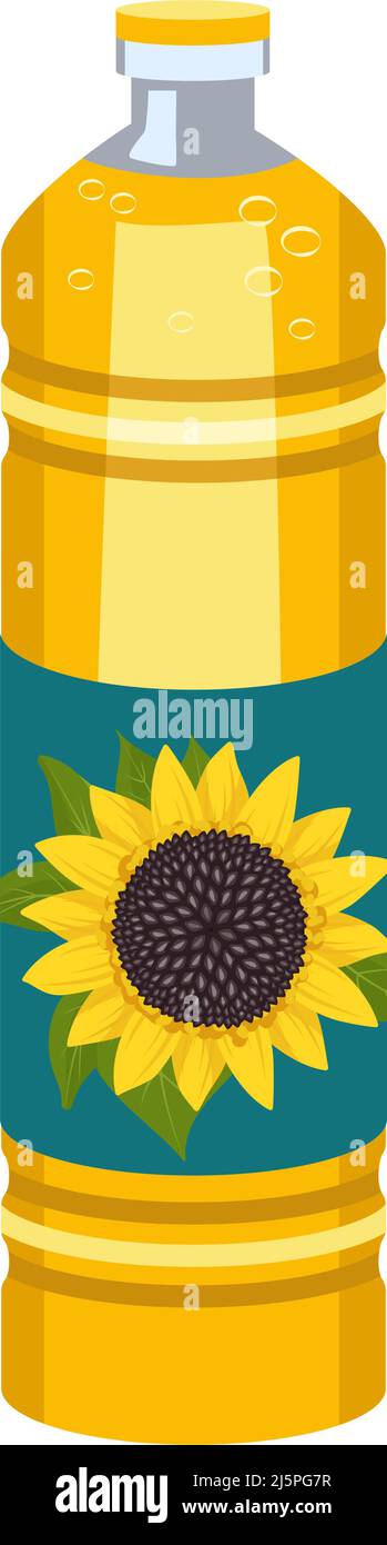 Bottiglia di olio vegetale di girasole. Confezione trasparente in plastica con liquido di cottura giallo. Fonte di vitamine, condimento per insalate e dolci. Illustrazione piatta vettoriale Illustrazione Vettoriale