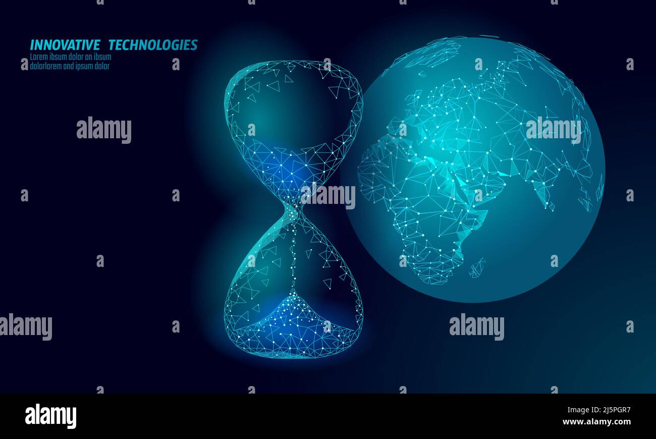 Concetto di clessidra dell'ora della Terra del mondo. Poligonale notte spazio stella blu scuro cielo basso poly lampada pianeta globo mappa eco salvare ecologia ambiente elettricità Illustrazione Vettoriale