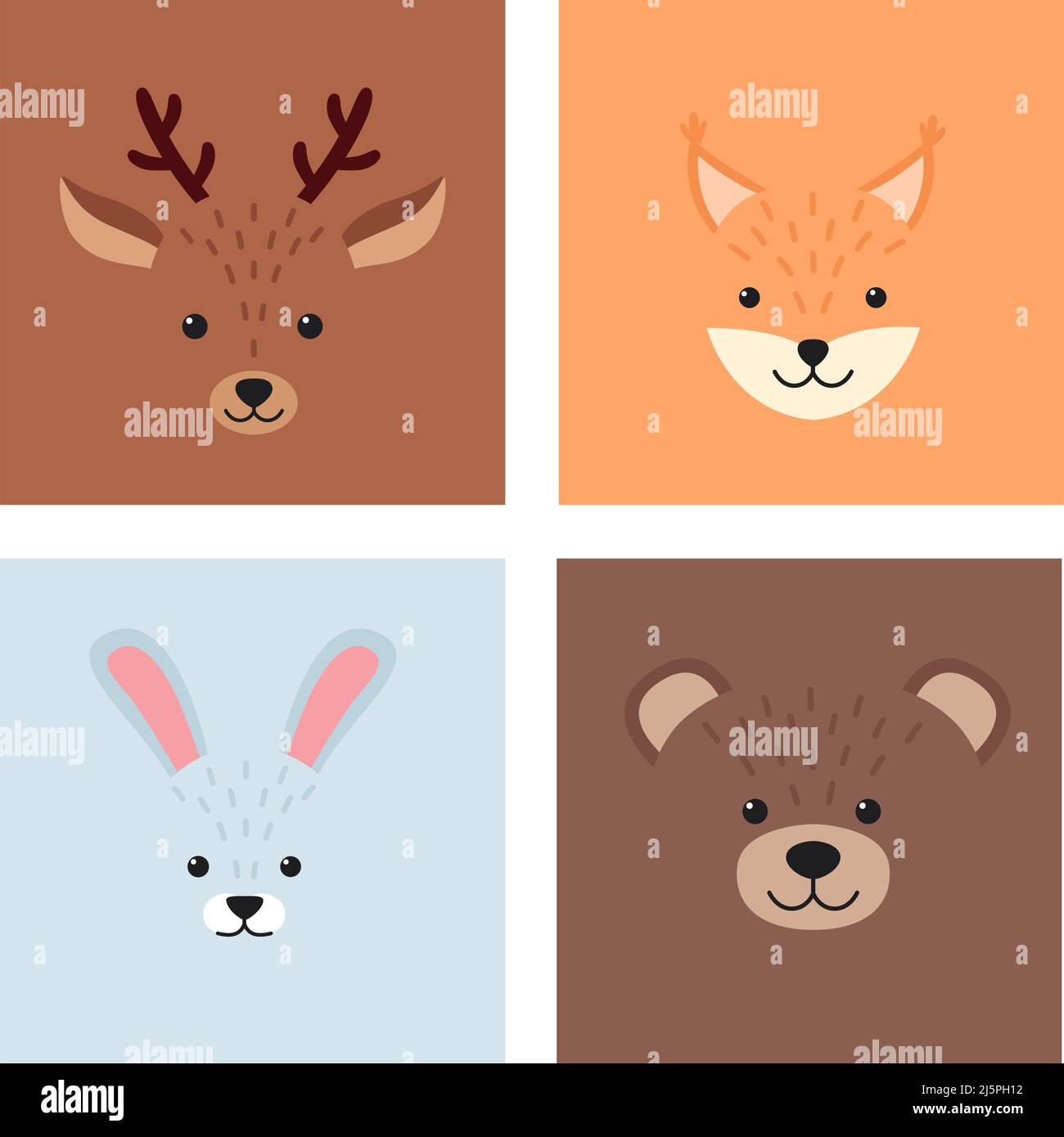 Simpatici semplici volti animali. Cervo, scoiattolo, lepre, orso. Illustrazione vettoriale Illustrazione Vettoriale