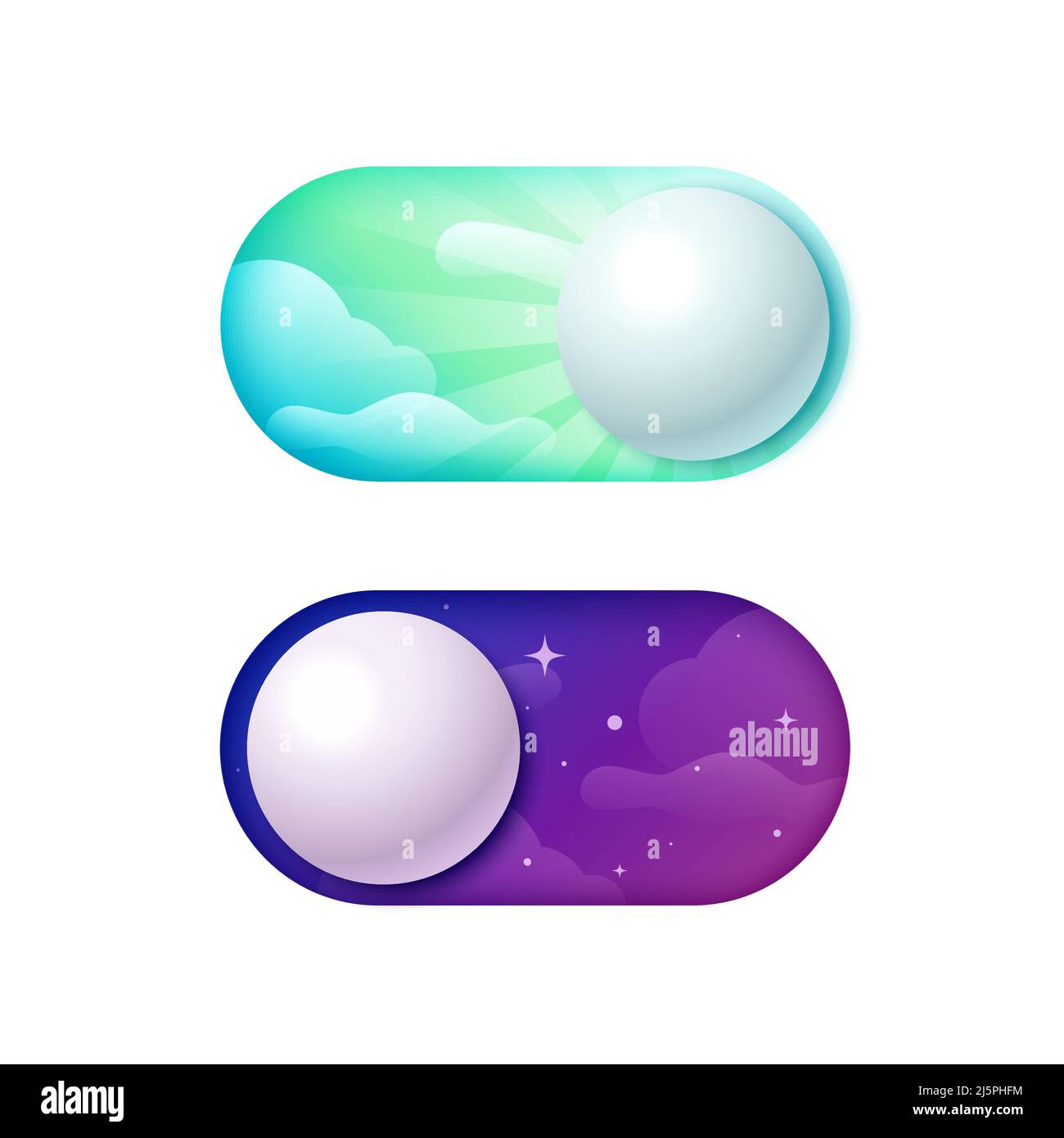 Pulsante di commutazione giorno e notte. Alterna mattina e sera. Scuro e chiaro. Posizioni di scorrimento on e Off. Regolazione delle luci. Regolatori a pannello. Vettore Illustrazione Vettoriale
