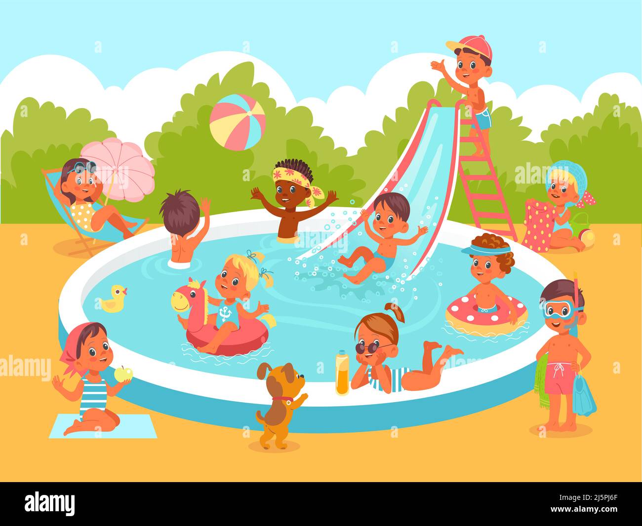 Festa in piscina per bambini. Divertente gioco d'acqua. Bambini felici con  giocattoli galleggianti. I ragazzi e le ragazze cavalcano lo scivolo del  laghetto. Personaggi gonfiati cerchi e palline Immagine e Vettoriale -