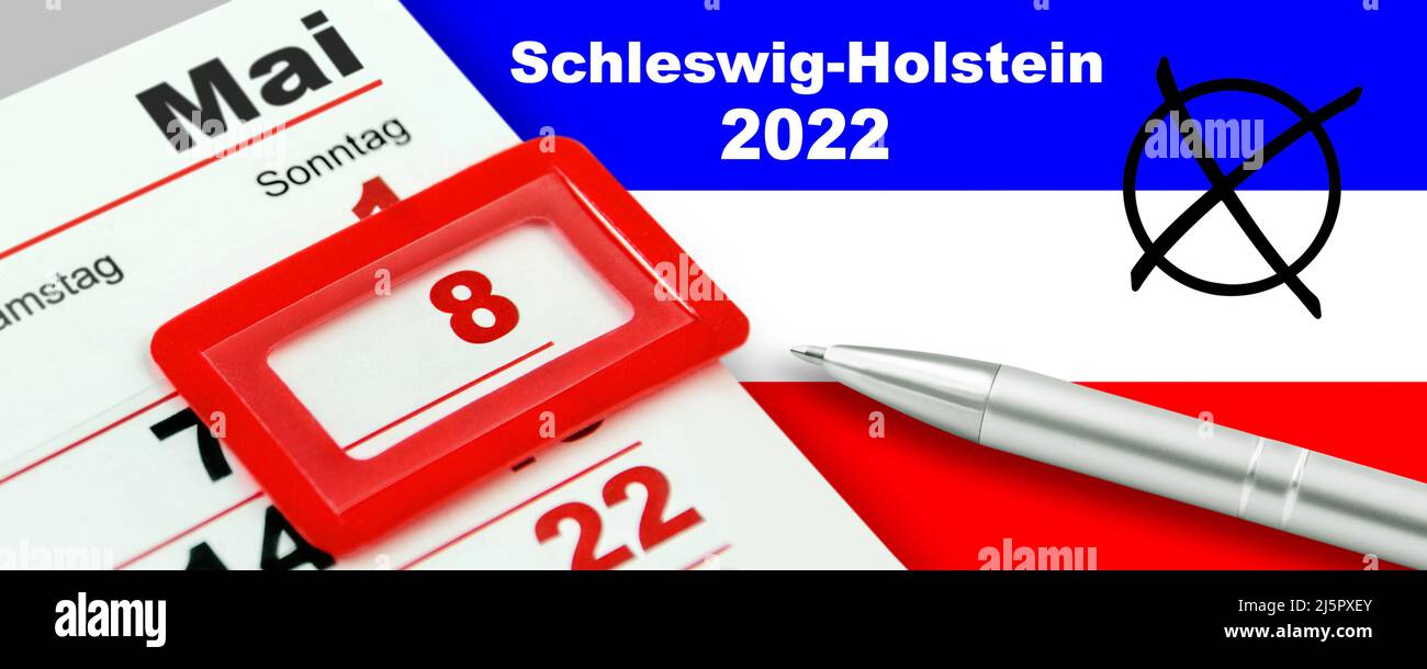 Elezioni regionali tedesche nello Schleswig-Holstein 2022 domenica 8 maggio con bandiera e calendario Foto Stock