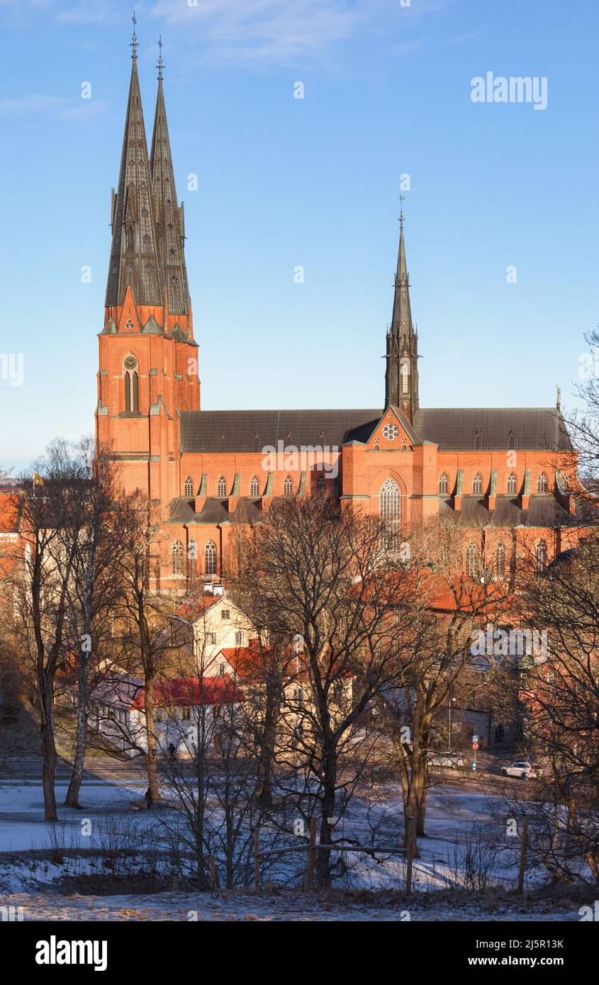 Guglie del 13th secolo gotico francese Cattedrale di Uppsala (Uppsala Domkyrka) la più alta in Scandinavia, Uppsala, Uppland, Svezia Foto Stock