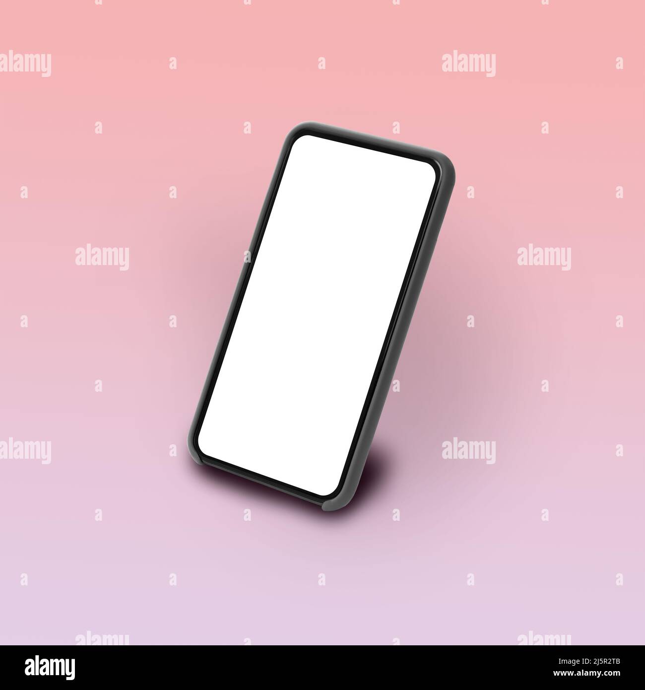 Telefono con schermo vuoto in piedi su sfondo rosa studio, quadrato Foto Stock