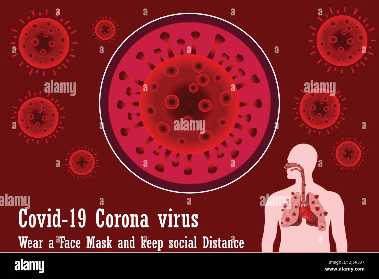 Covid-19 Coronavirus sicurezza. Indossare una maschera e sociale distanza. Testo e modello Illustrazione Vettoriale