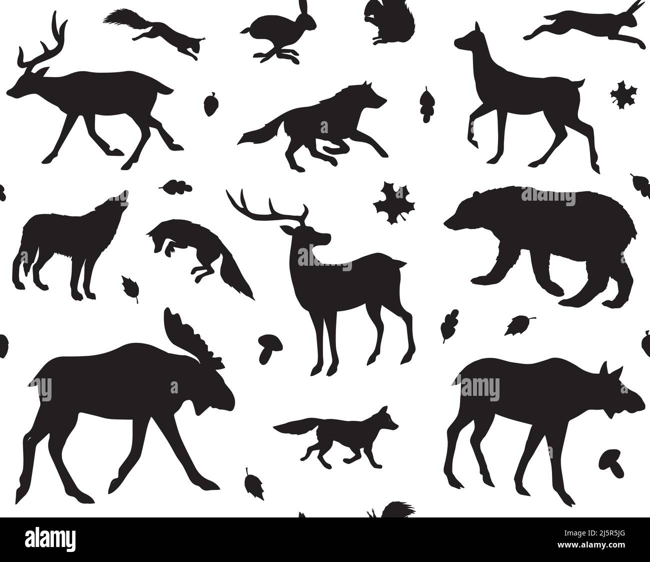 Motivo vettoriale senza giunture di animali della foresta nera silhouette isolata su sfondo bianco Illustrazione Vettoriale