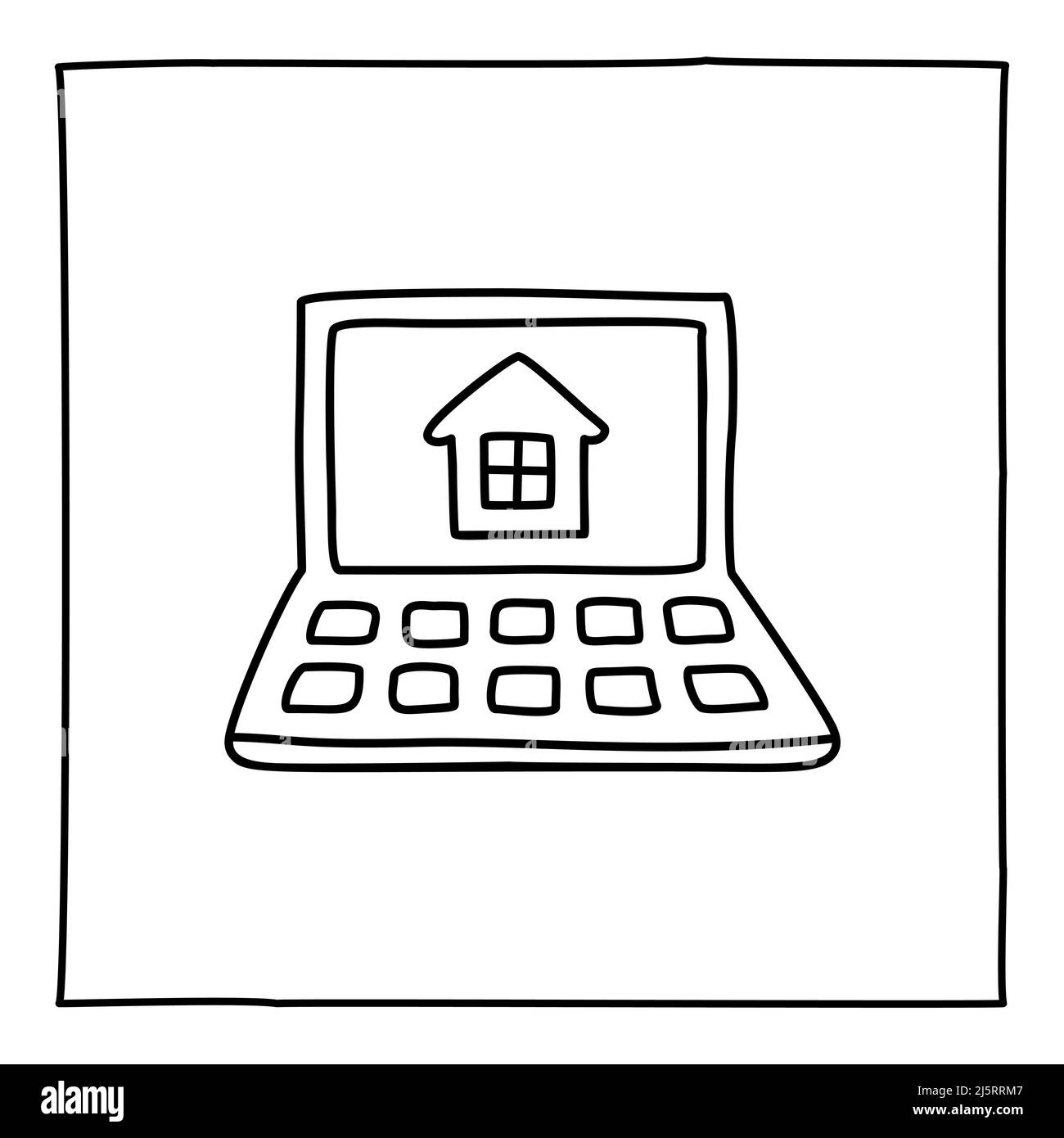 Doodle laptop e casa icona. Simbolo bianco nero con cornice. Elemento di design grafico stile arte di linea. Pulsante Web. Casa d'acquisto, appartamento in affitto, nuovo h Illustrazione Vettoriale