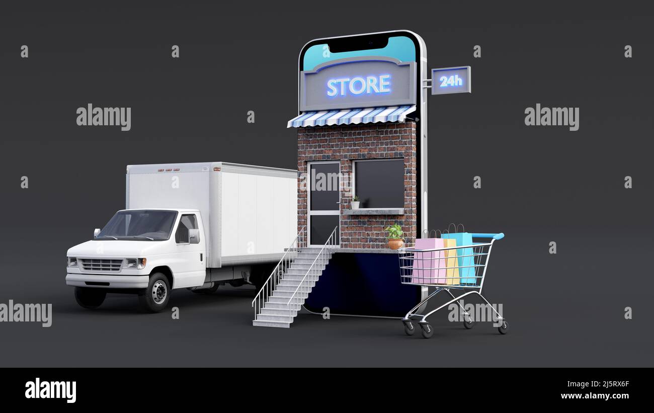 3D rendere concetto di servizio di consegna online, tracciamento degli ordini online, logistica e consegna, su siti Web o app mobili. 3d rendering. Foto Stock