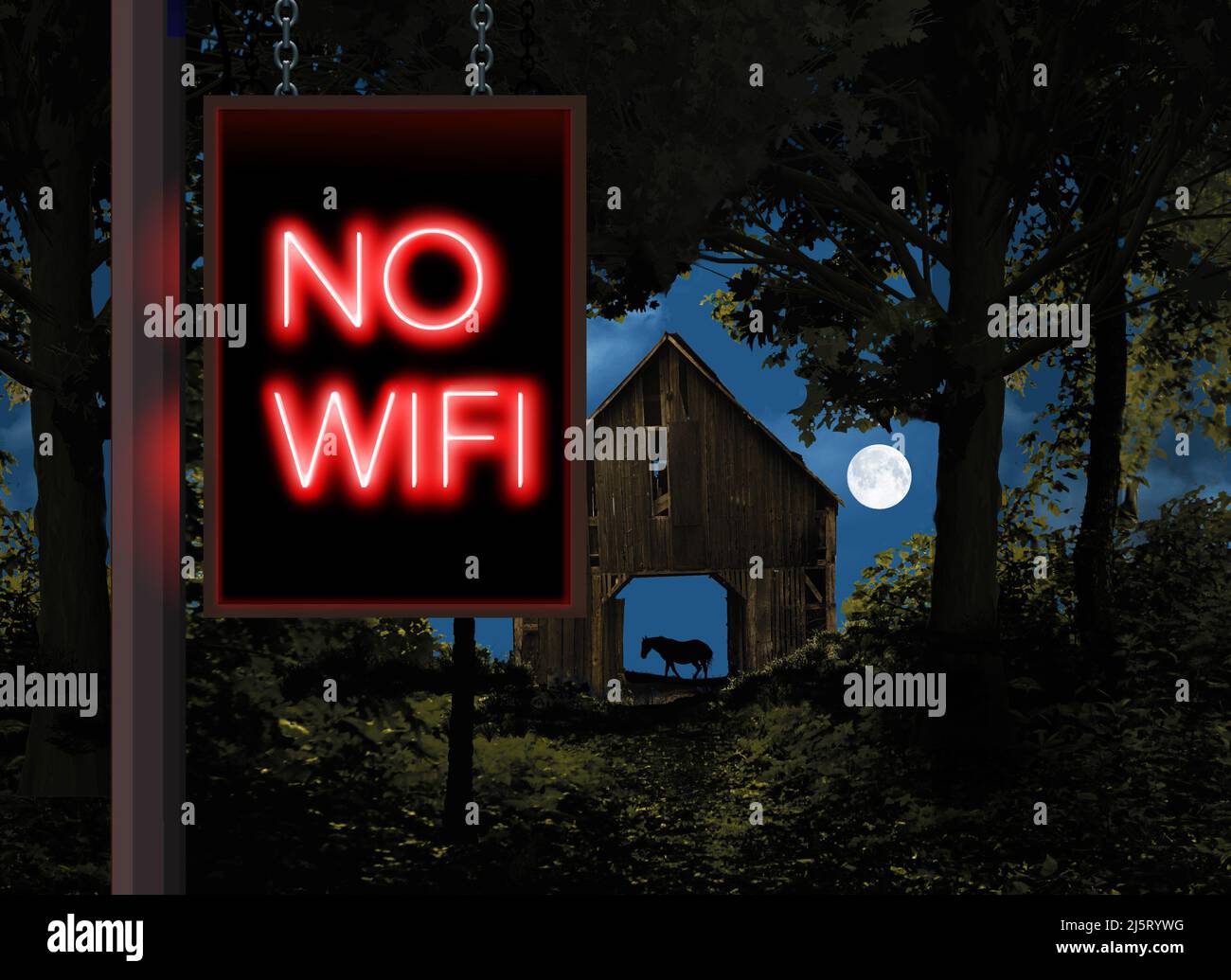Non c'è segnale wifi qui in un ambiente rurale con un vecchio fienile e un cavallo di notte al chiaro di luna. Un cartello al neon dice CHE IN questo 3-d illustat NON c'è connessione Wi-Fi Foto Stock