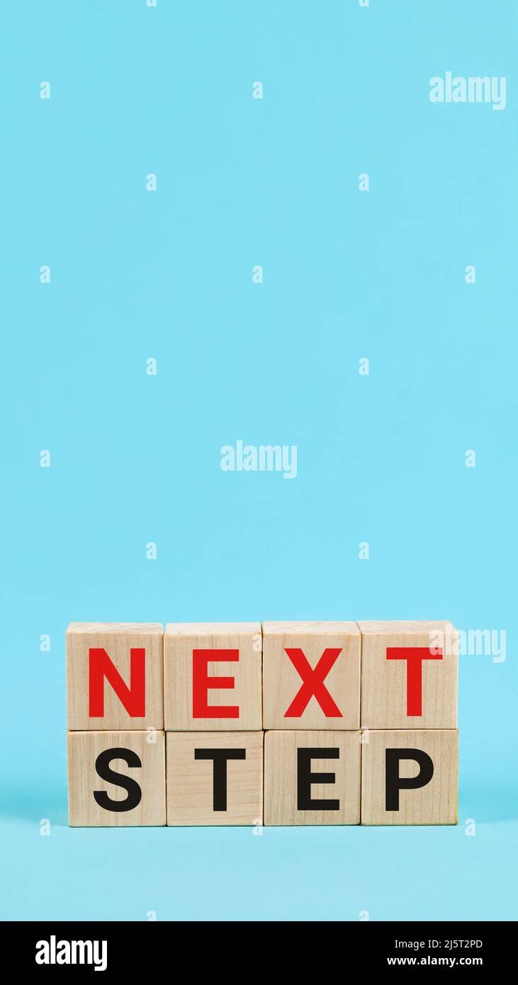 Next Step Concept con lettere alfabetiche su cubi di legno Educatio Foto Stock