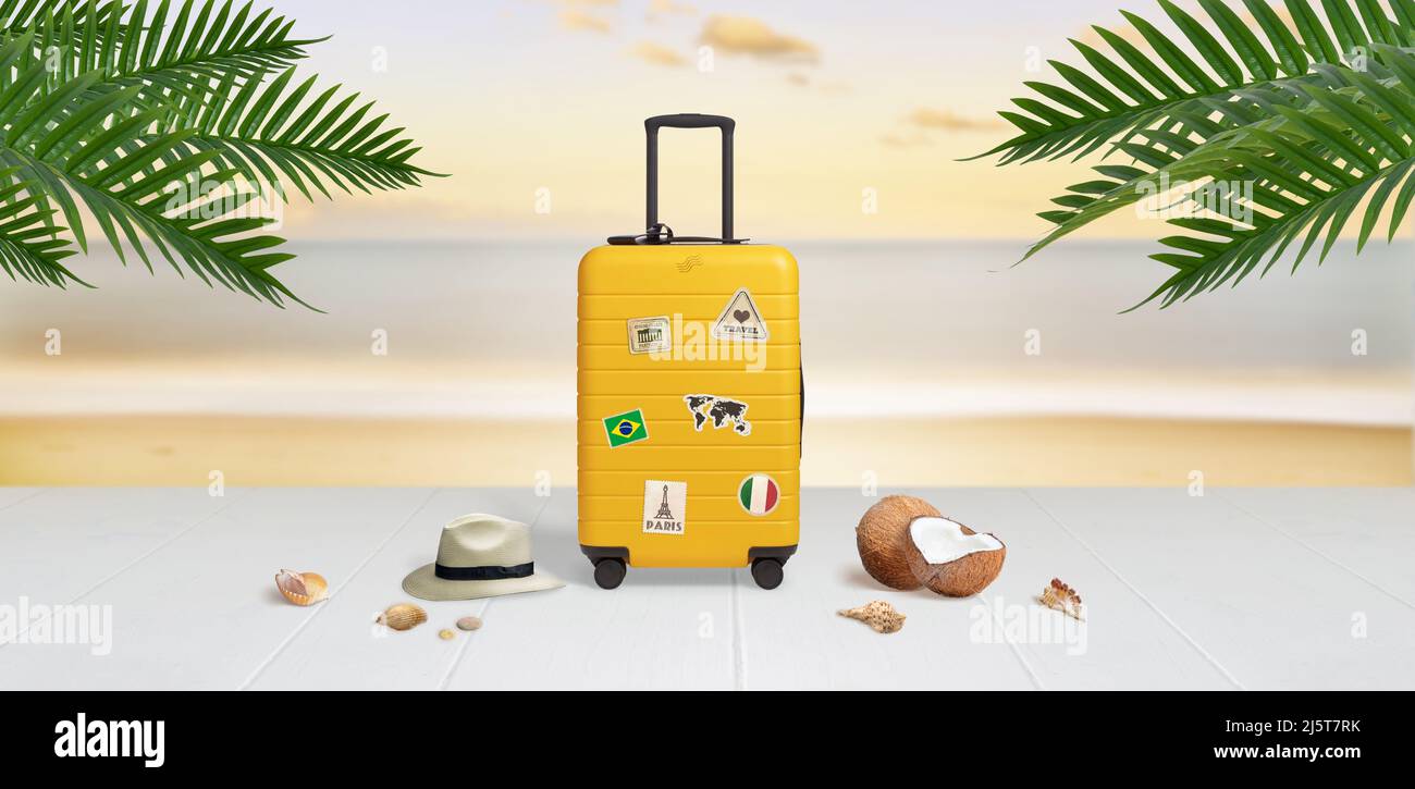 Valigia con adesivi da viaggio sulla spiaggia circondata da cappello, noci di cocco, conchiglie e foglie di palma. Concetto di viaggio Foto Stock