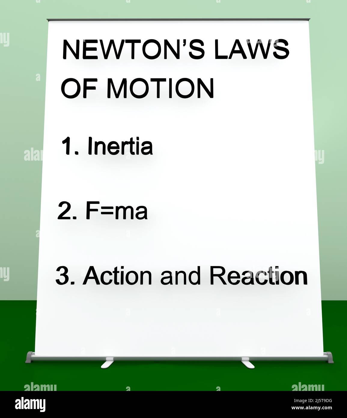 3D illustrazione degli script delle leggi del movimento di Newton su una schermata di rollup: Inerzia, accelerazione di massa e forza, azione e reazione. Foto Stock