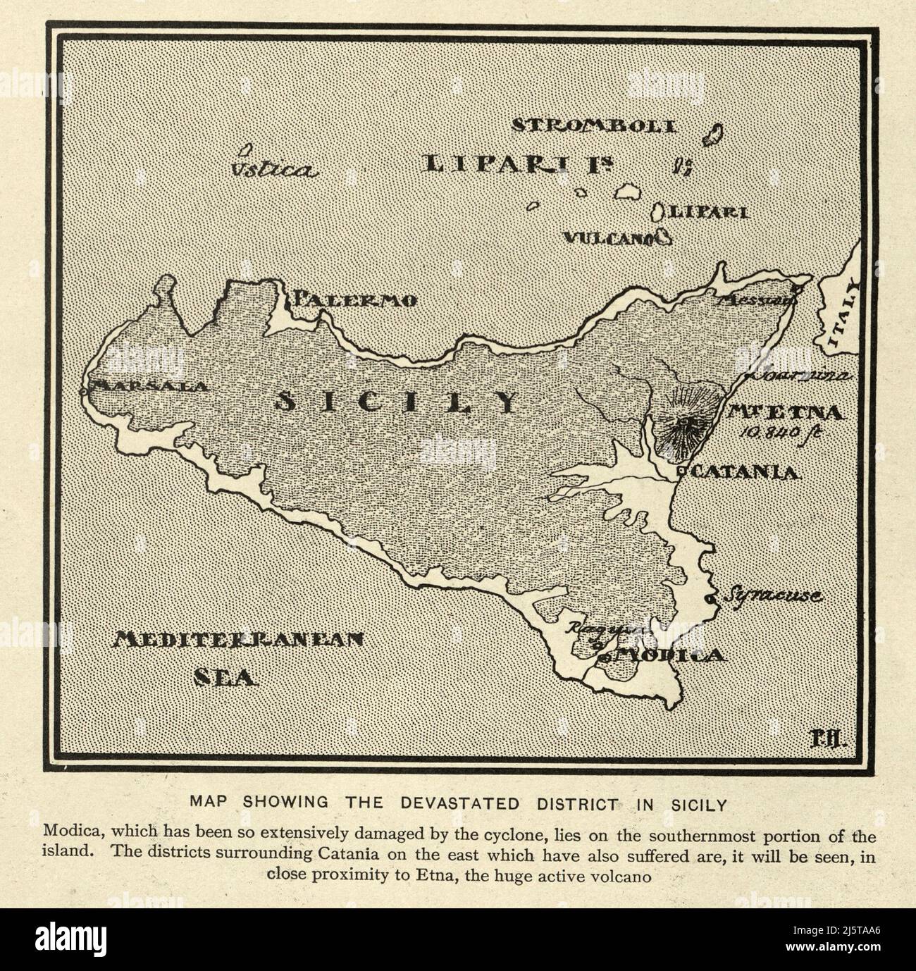 Mappa di Sicilia che greggia danneggiato da un ciclone nel 1902 Foto Stock