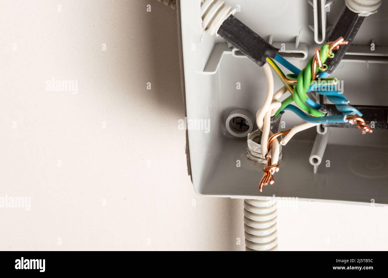 Attorcigliare i fili elettrici in una scatola di derivazione sulla parete Foto Stock