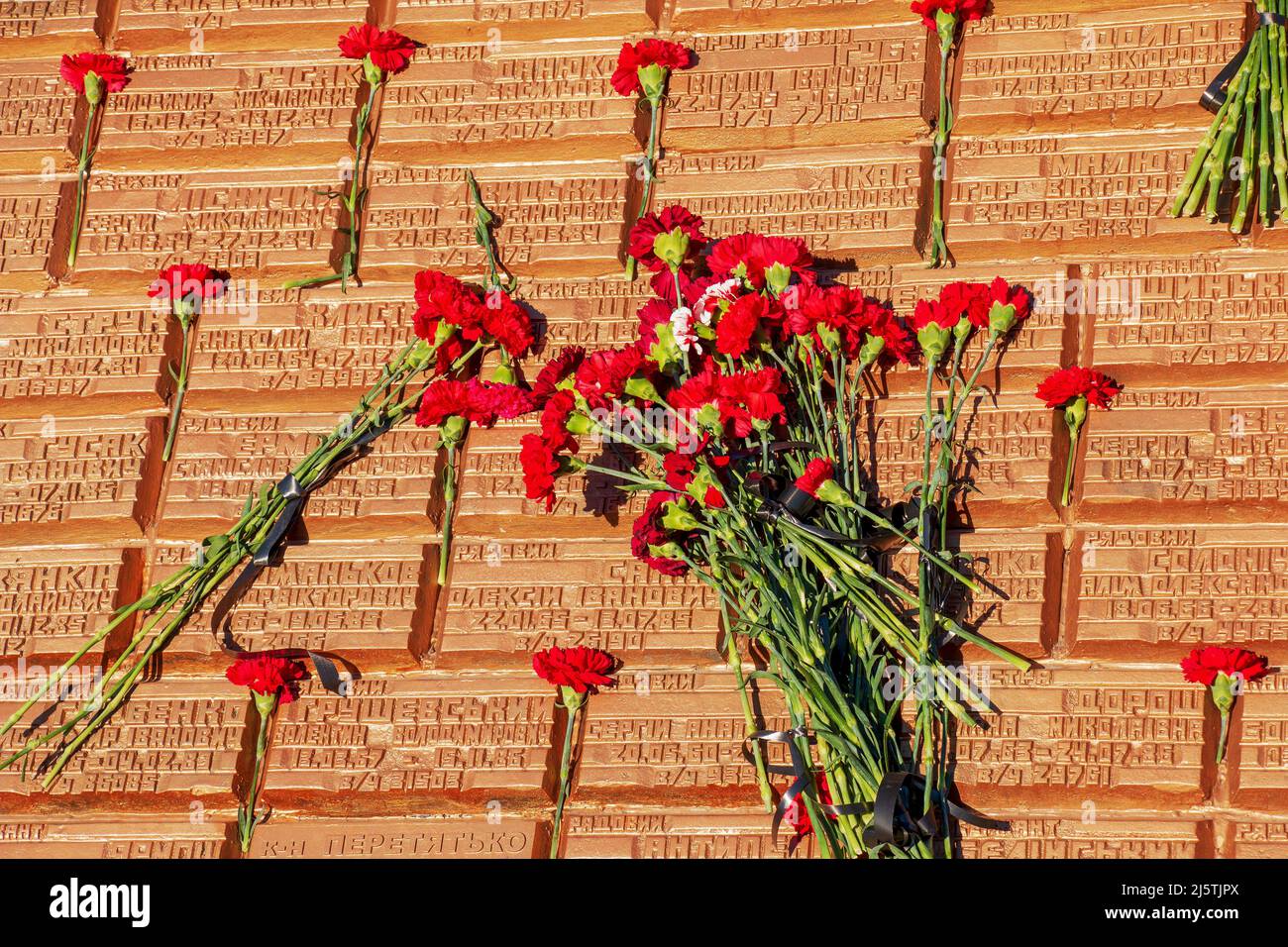 Dnipro, Ucraina - 02.15.2022: Monumento ai veterani della guerra afghana 1979 - 1989 Garofani rossi sulla lastra di granito del monumento. Foto Stock